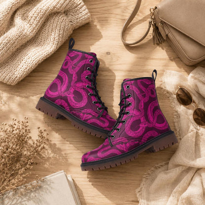Magenta Snake Combat Boots, Witchy Punk Lace Up Shoes, Grunge Festival Footwear