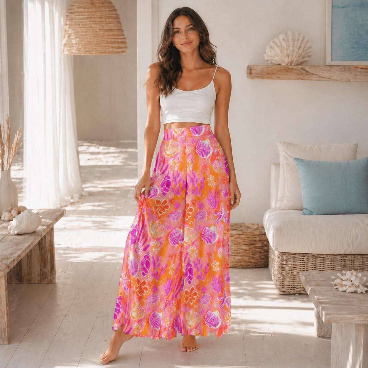 Pink Shell Wide Leg Pants, Tropical Coral Reef Beach Loungewear, Summer Vacation Bottoms