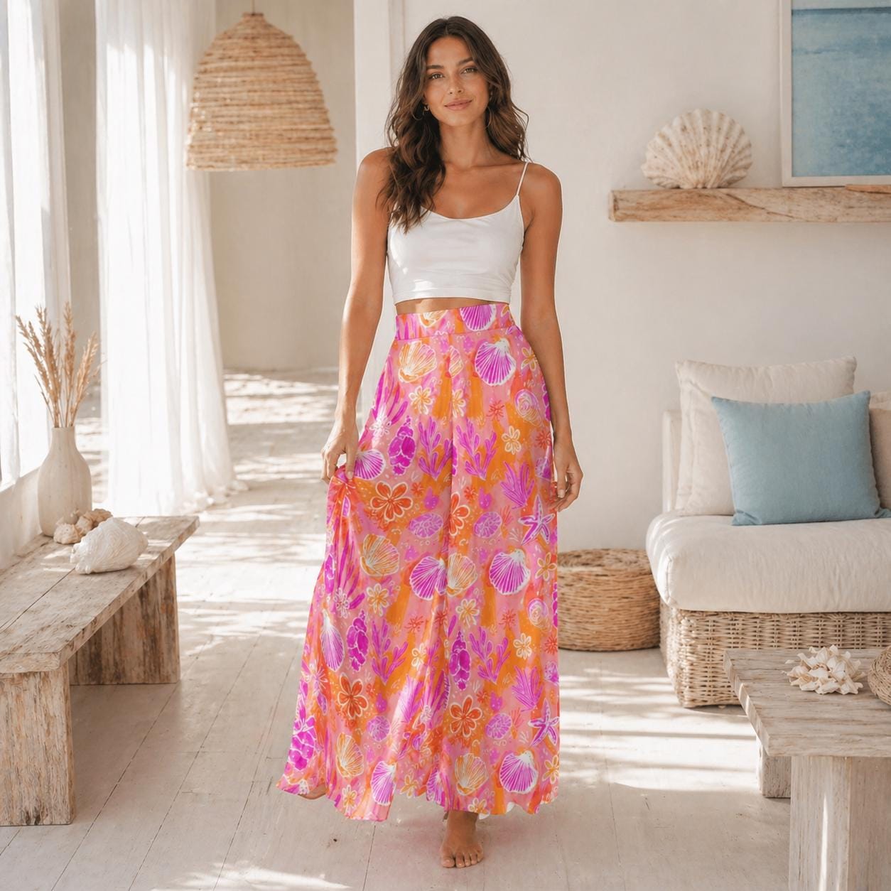 Pink Shell Wide Leg Pants, Tropical Coral Reef Beach Loungewear, Summer Vacation Bottoms