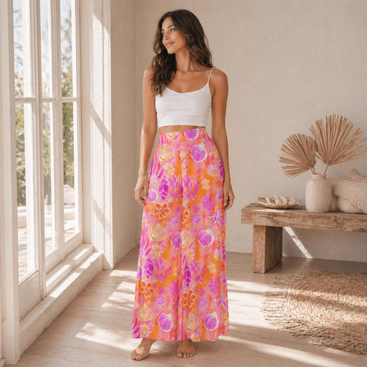 Pink Shell Wide Leg Pants, Tropical Coral Reef Beach Loungewear, Summer Vacation Bottoms