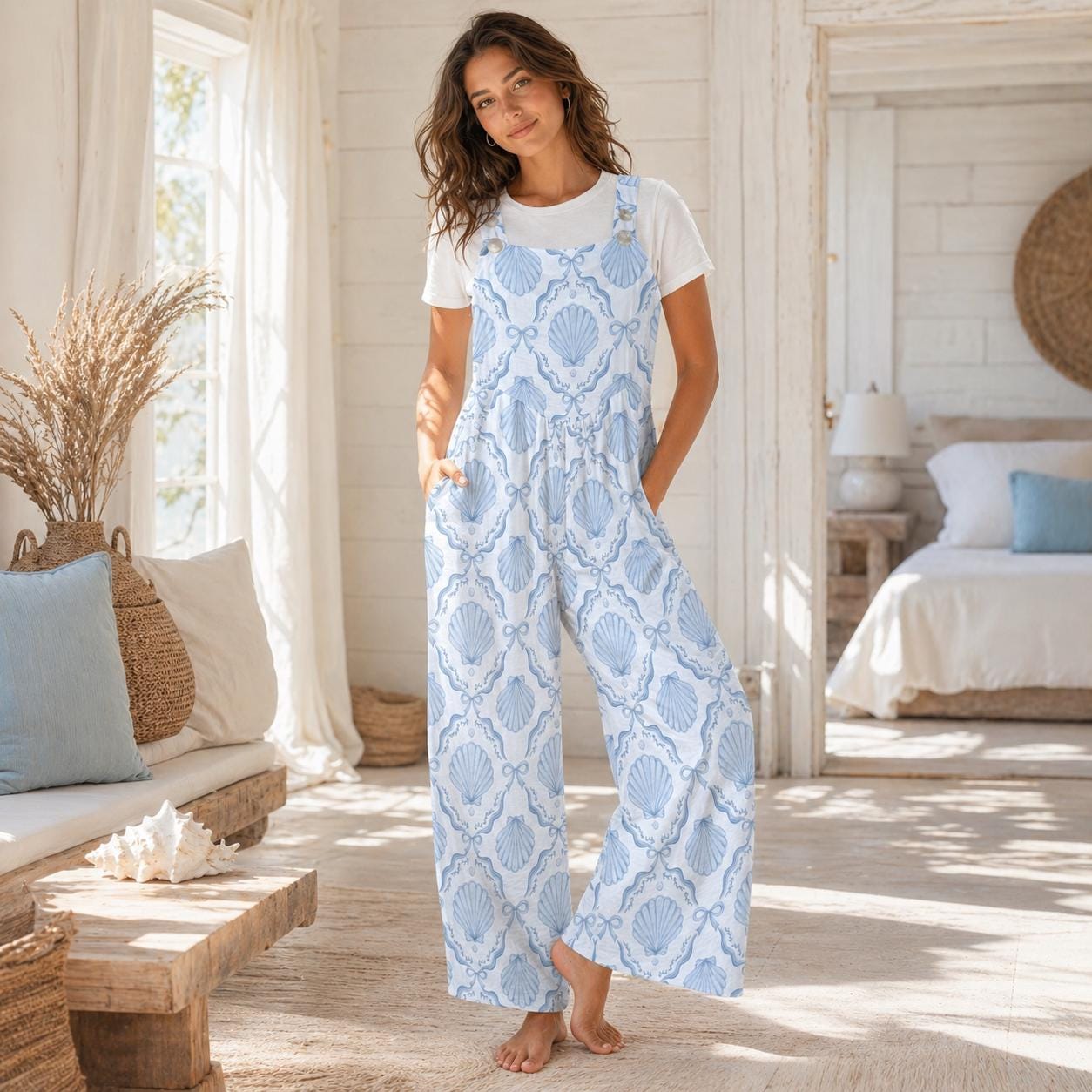 Blue Seashell Wide Leg Jumpsuit, Nautical Beach Resort One Piece