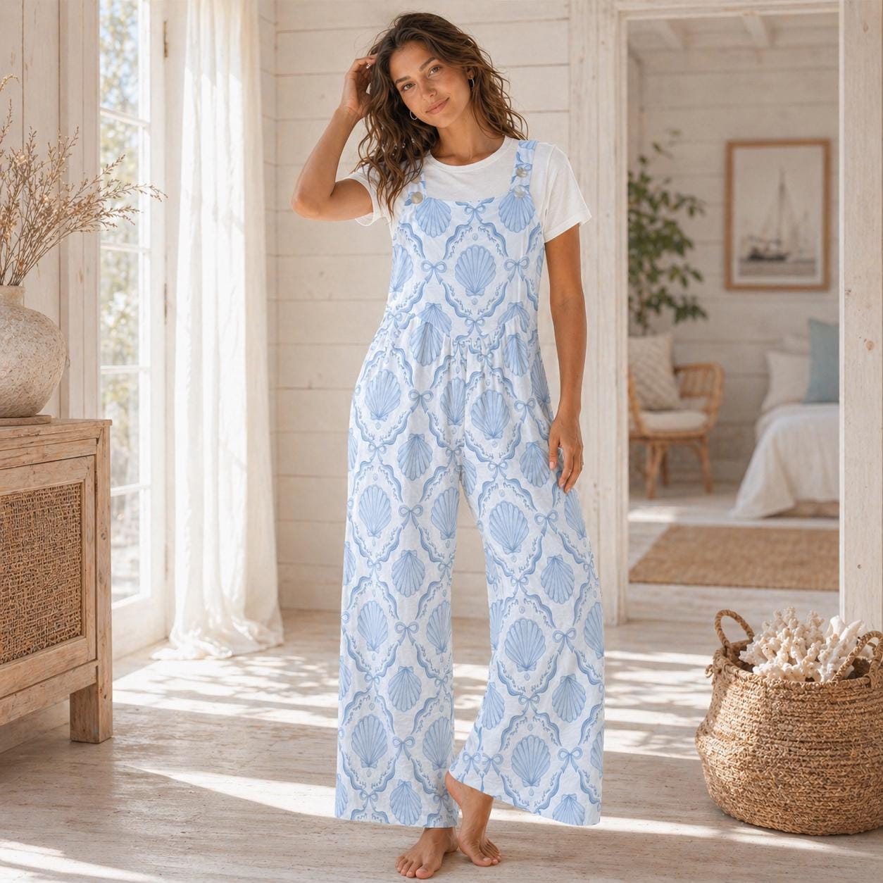 Blue Seashell Wide Leg Jumpsuit, Nautical Beach Resort One Piece