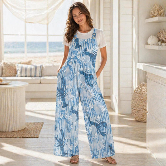 Blue Lobster Citrus Print Wide Leg Jumpsuit, Nautical Summer Romper