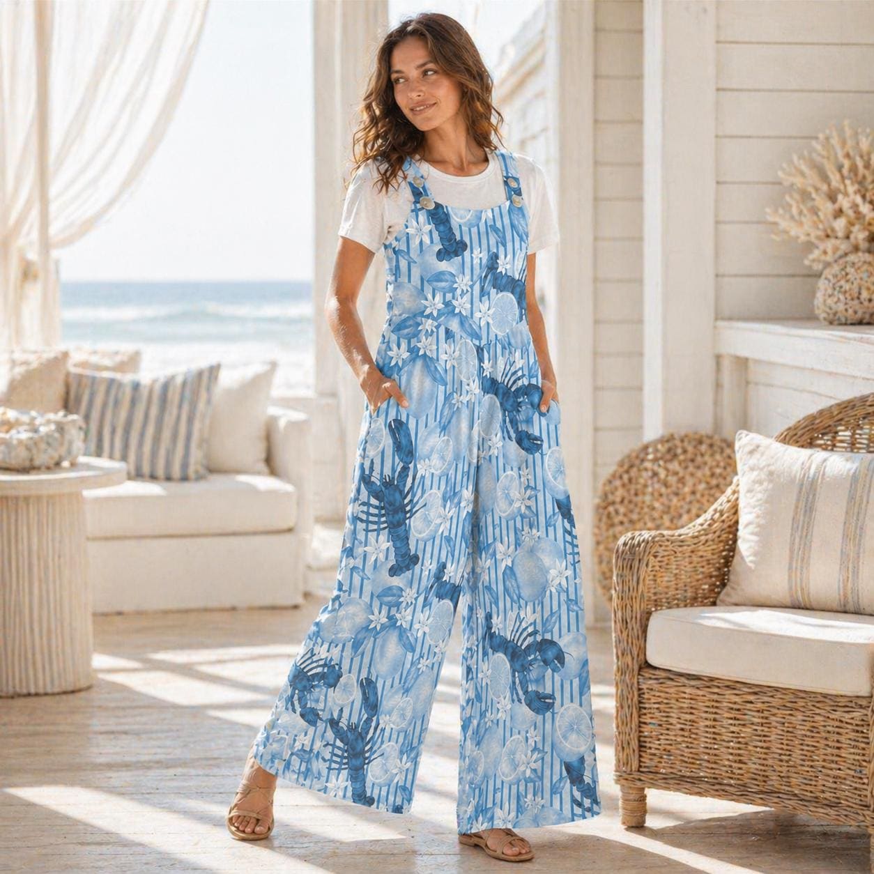 Blue Lobster Citrus Print Wide Leg Jumpsuit, Nautical Summer Romper