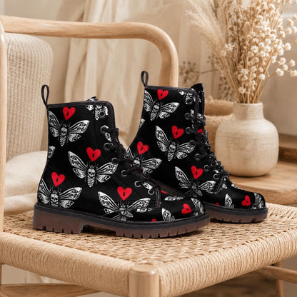 Gothic Moth Combat Boots, Vegan Leather Lace-Up, Edgy Unisex Biker Style, Festival, Dark Fashion