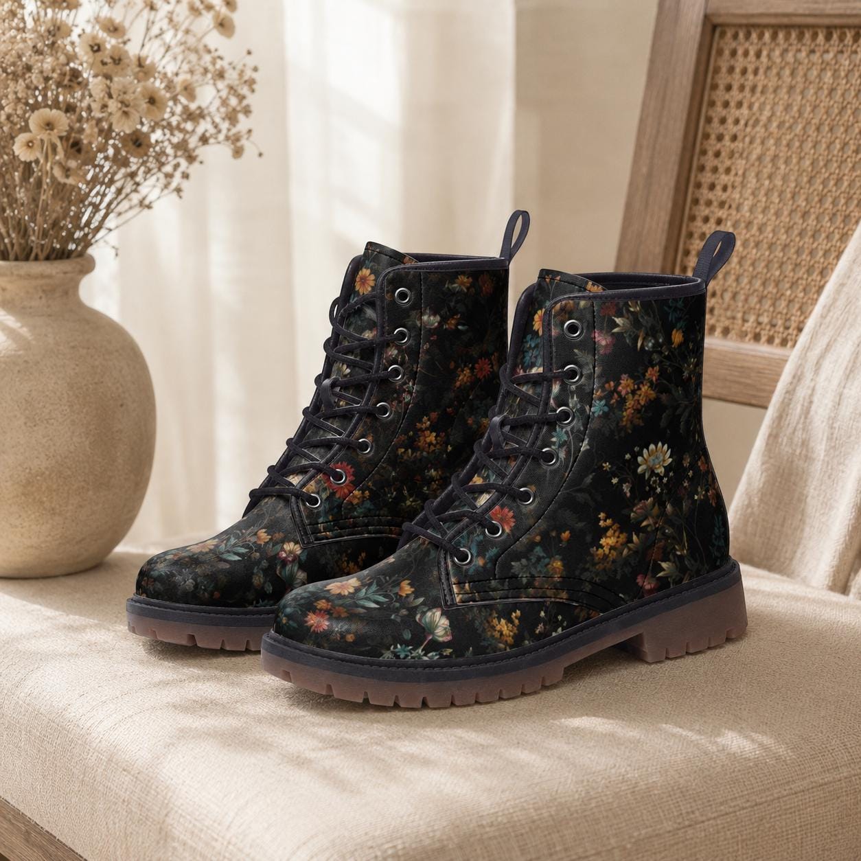 Forest Witch Boots, Goblincore Boots, Wildflowers Boots, Vegan Combat Boots, Witchcore, Naturecore Flowers Boots, Cottagecore Boots