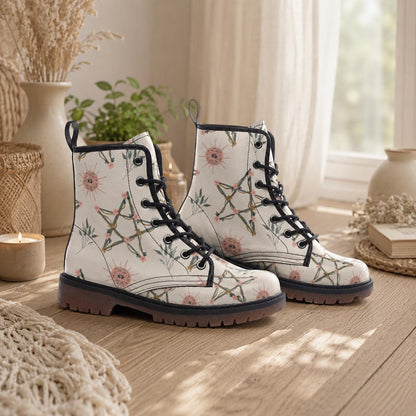 Witchcore Combat Boots, Astrology Lace Up Boots, White Constellation Grunge Shoes