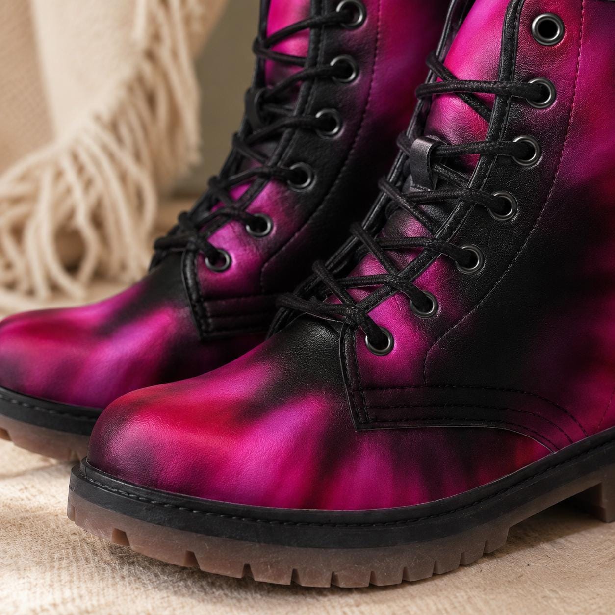 Pink Combat Boots, Fuchsia Ombre Ankle Boots, Punk Style Statement Shoes