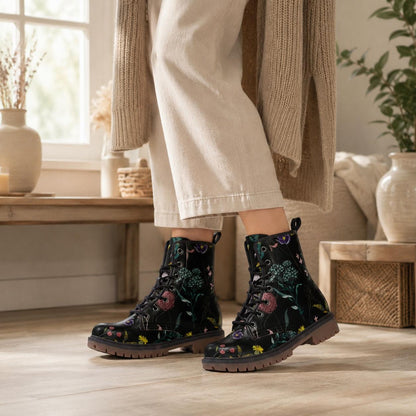 Dark Floral Boots, Botanical Lace Up Booties, Cottage Goth Wildflower Shoes