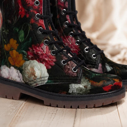 Dark floral combat boots, lace-up ankle shoes, vintage painterly flower footwear