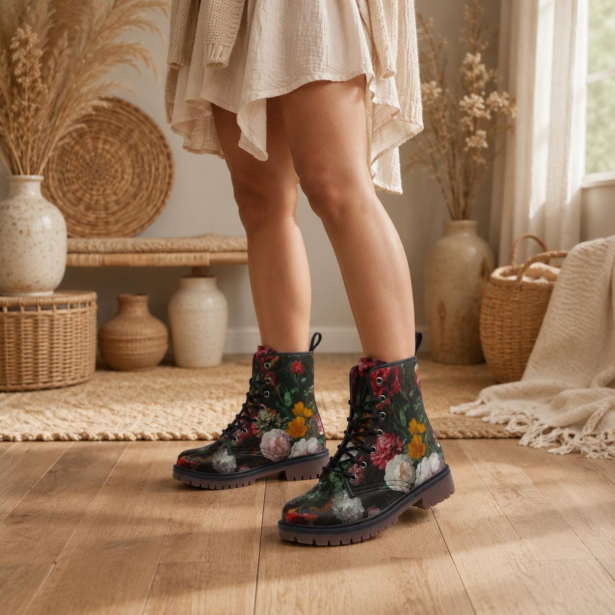 Dark floral combat boots, lace-up ankle shoes, vintage painterly flower footwear