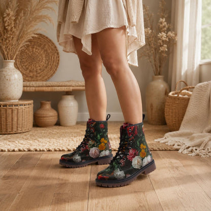 Dark floral combat boots, lace-up ankle shoes, vintage painterly flower footwear