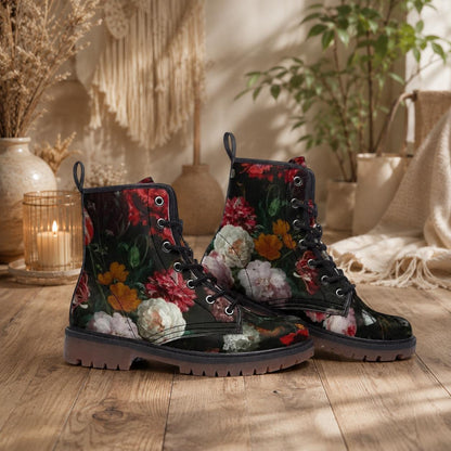 Dark floral combat boots, lace-up ankle shoes, vintage painterly flower footwear