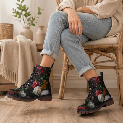 Dark floral combat boots, lace-up ankle shoes, vintage painterly flower footwear