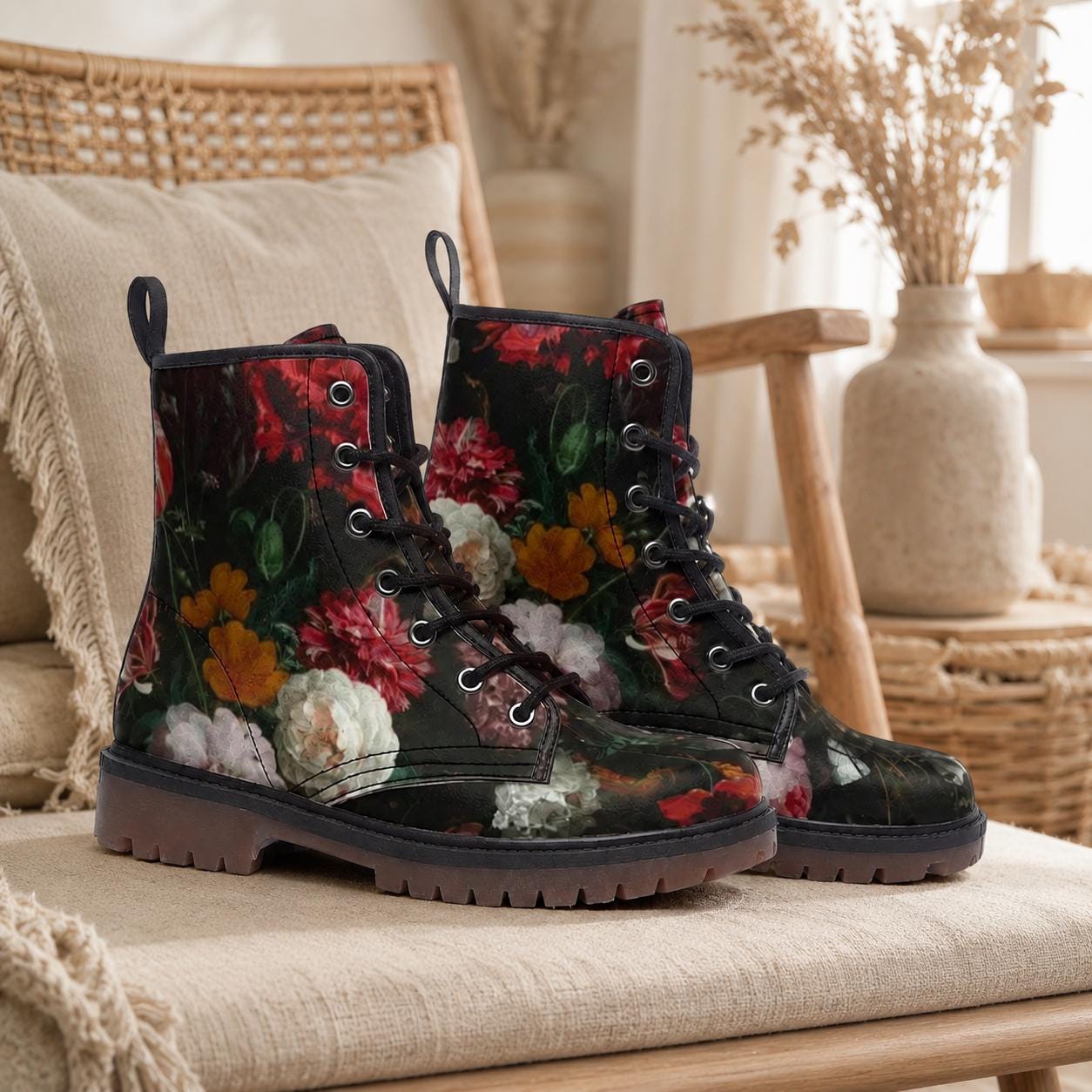 Dark floral combat boots, lace-up ankle shoes, vintage painterly flower footwear