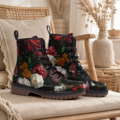 Dark floral combat boots, lace-up ankle shoes, vintage painterly flower footwear