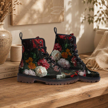 Dark floral combat boots, lace-up ankle shoes, vintage painterly flower footwear
