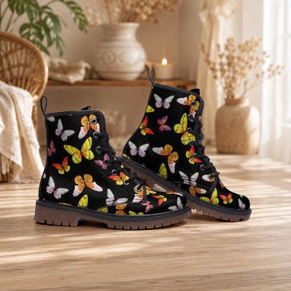 Butterfly Combat Boots, Vegan Leather Ankle Shoes, Colorful Nature-Inspired Chunky Boots, Unisex Lace-Up Footwear