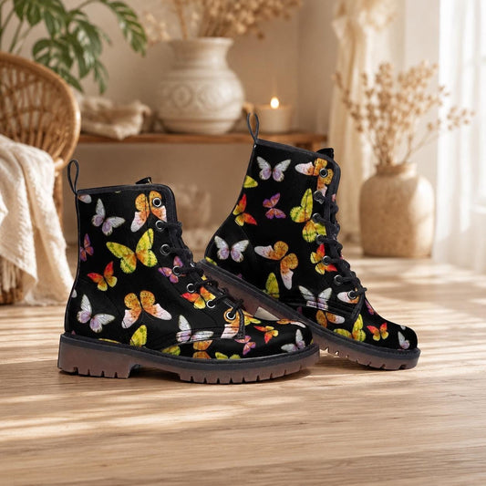Butterfly Combat Boots, Vegan Leather Ankle Shoes, Colorful Nature-Inspired Chunky Boots, Unisex Lace-Up Footwear
