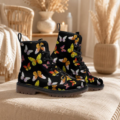 Butterfly Combat Boots, Vegan Leather Ankle Shoes, Colorful Nature-Inspired Chunky Boots, Unisex Lace-Up Footwear