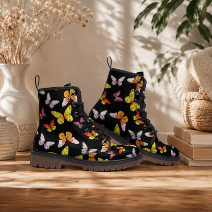 Butterfly Combat Boots, Vegan Leather Ankle Shoes, Colorful Nature-Inspired Chunky Boots, Unisex Lace-Up Footwear