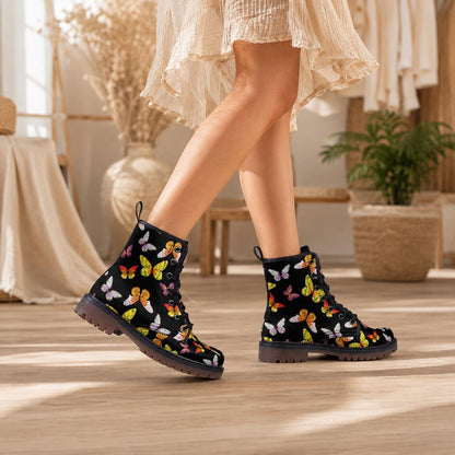 Butterfly Combat Boots, Vegan Leather Ankle Shoes, Colorful Nature-Inspired Chunky Boots, Unisex Lace-Up Footwear