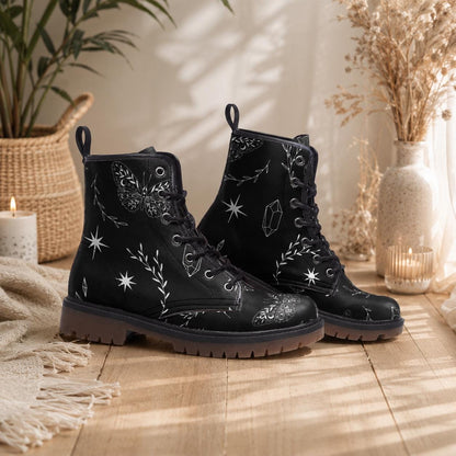 Black Vegan Leather Combat Boots, Insect Moth Print Lace Up Ankle Shoes