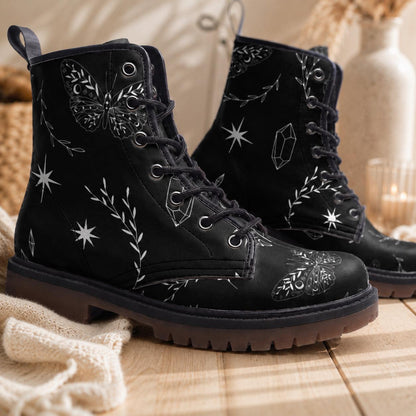 Black Vegan Leather Combat Boots, Insect Moth Print Lace Up Ankle Shoes