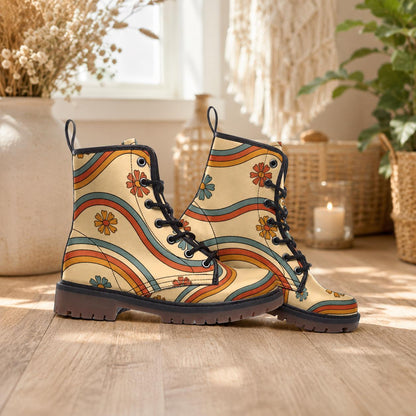 Retro Daisy Combat Boots, Vegan Leather, Rainbow Lace-Up Shoes