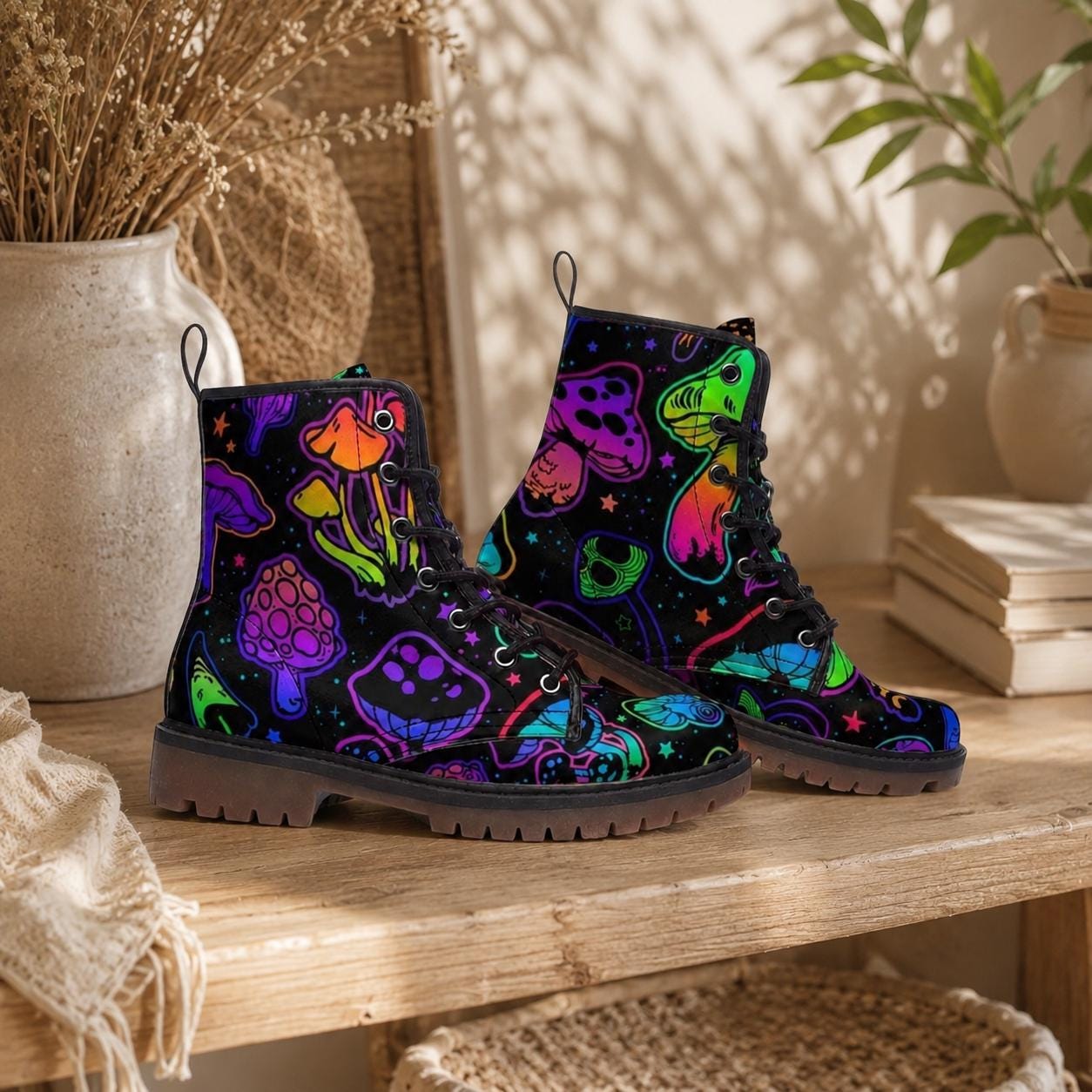 Goblincore Mushroom Combat Boots Vegan Witchcore Festival Faecore Butterfly Print Woodland Footwear