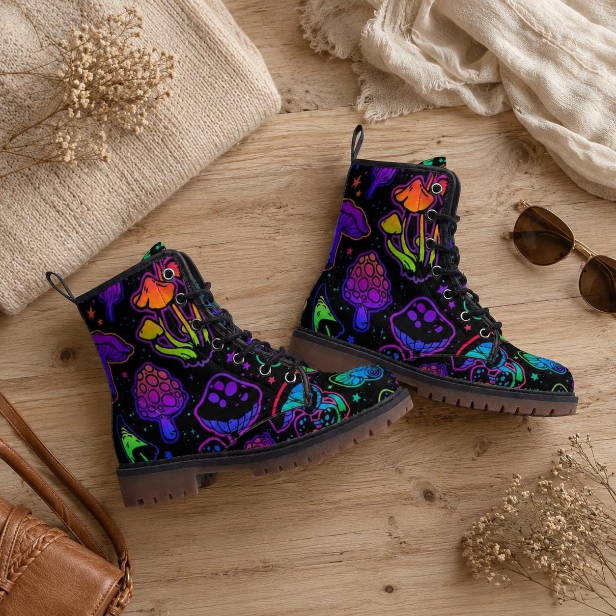 Goblincore Mushroom Combat Boots Vegan Witchcore Festival Faecore Butterfly Print Woodland Footwear