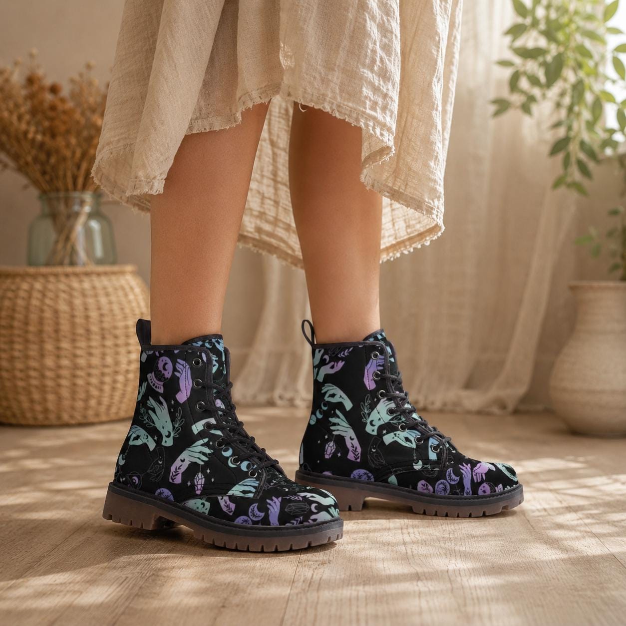 Witchy Combat Boots Celestial Moon Crystal Print Pastel Goth Lace Up Shoes