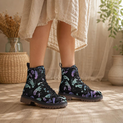 Witchy Combat Boots Celestial Moon Crystal Print Pastel Goth Lace Up Shoes