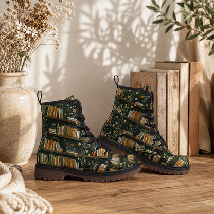 Dark Academia Boots Bookshelf Floral Print Book Lover Lace Up Shoes