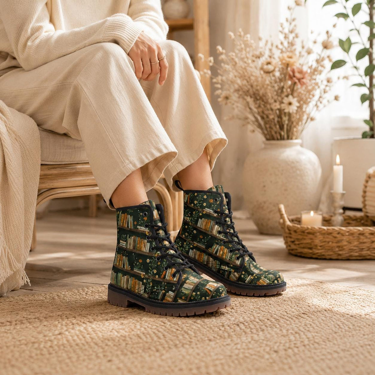 Dark Academia Boots Bookshelf Floral Print Book Lover Lace Up Shoes
