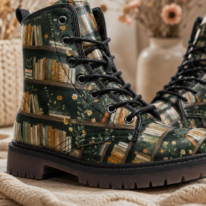 Dark Academia Boots Bookshelf Floral Print Book Lover Lace Up Shoes