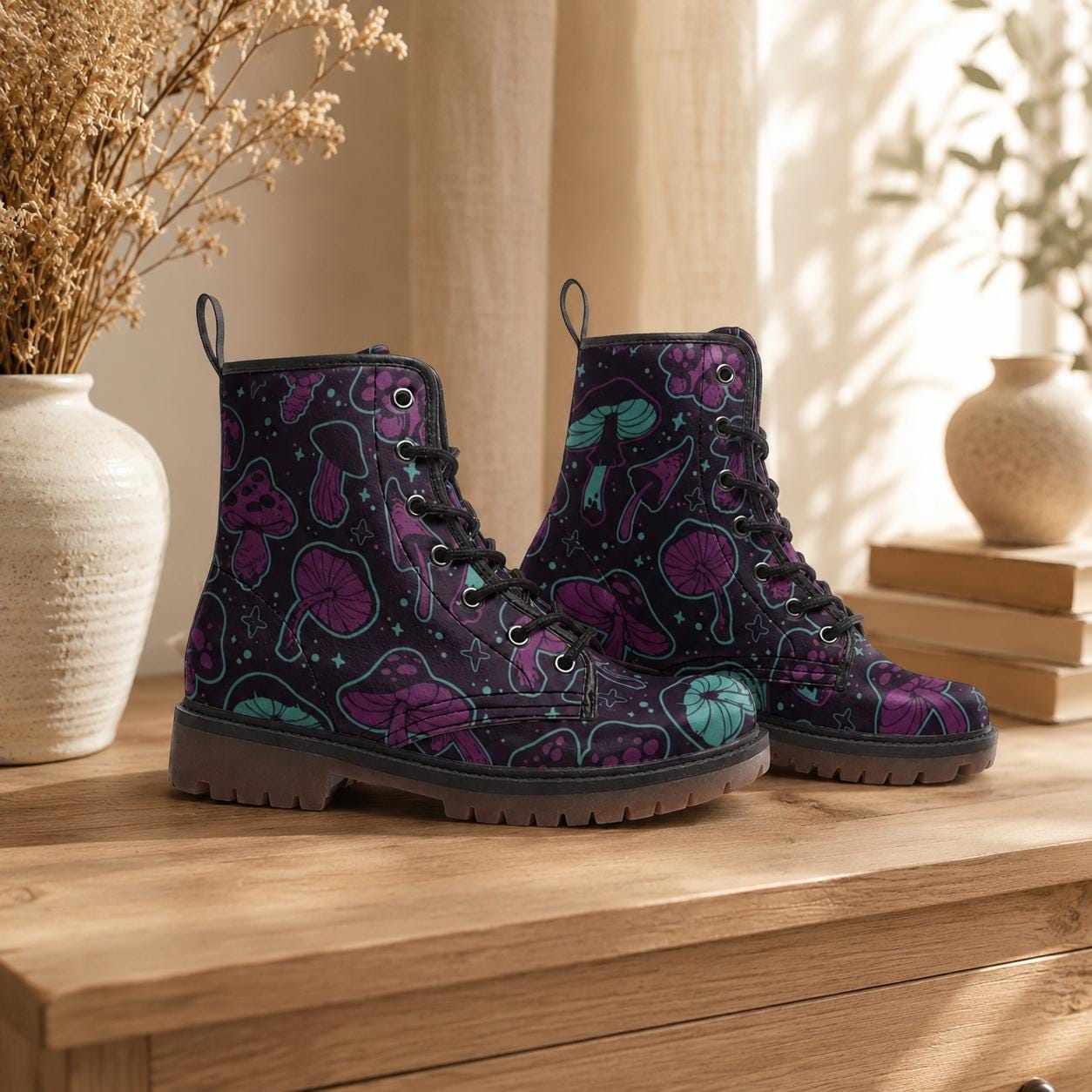 Goblincore Mushroom Boots Vegan Footwear Festival Shoes Unisex Woodland Combat Platform Boots