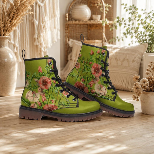 Green Floral Combat Boots Cottagecore Botanical Lace Up Punk Shoes Nature Festival Footwear
