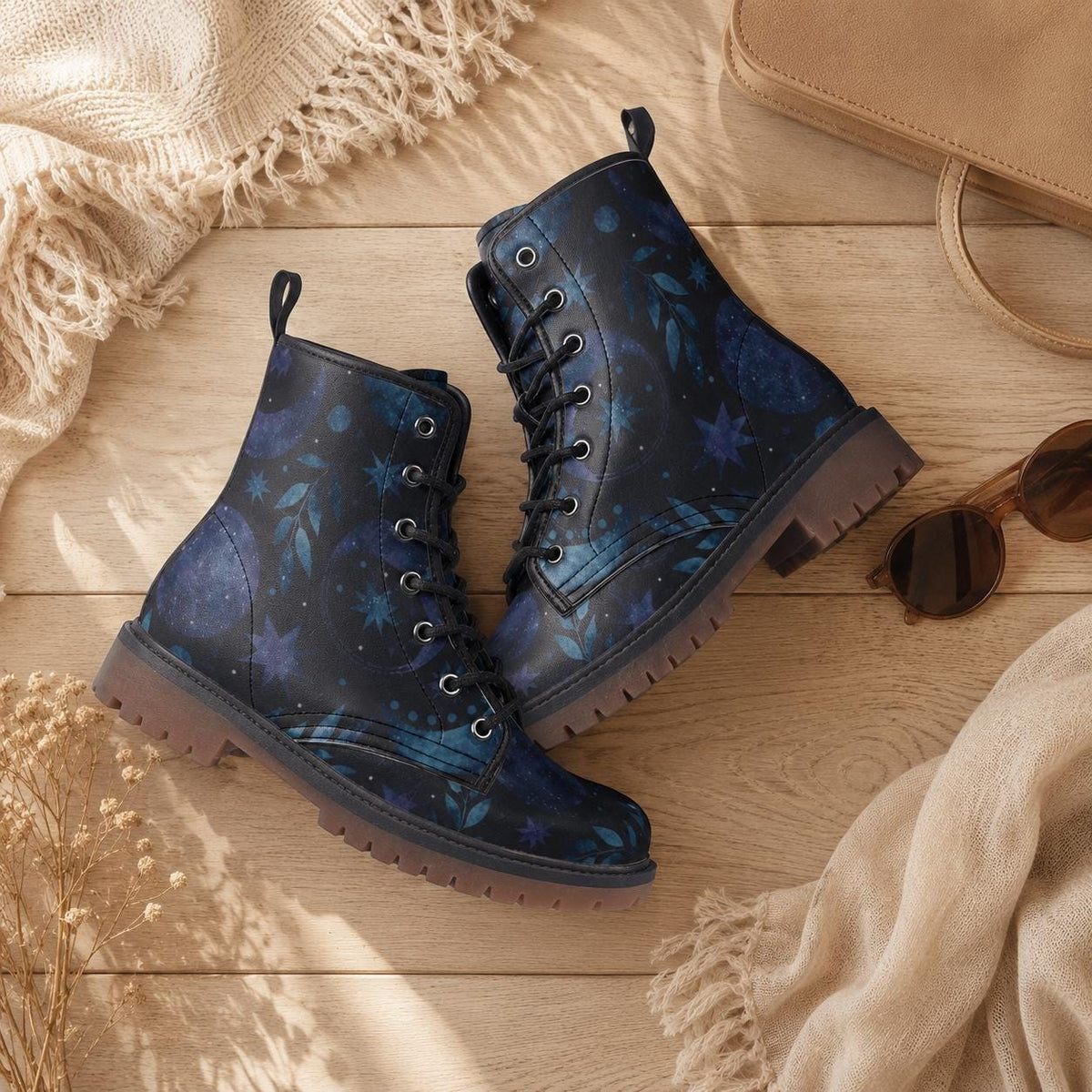 Moon Forest Vegan Leather Combat Boots, Witchy Festival Boots