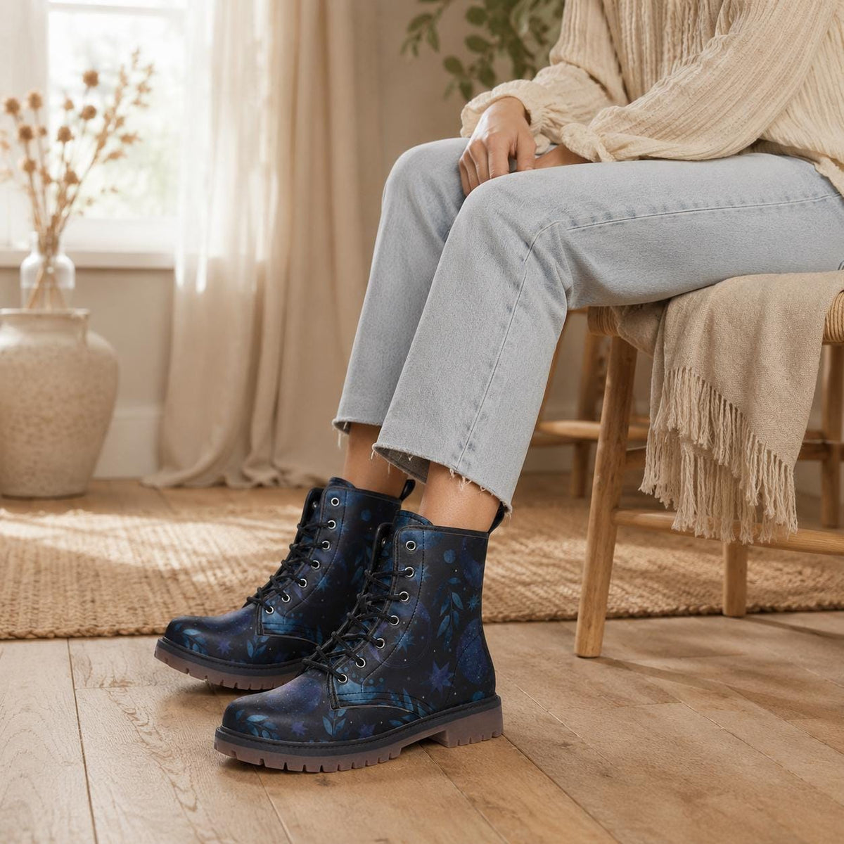 Moon Forest Vegan Leather Combat Boots, Witchy Festival Boots
