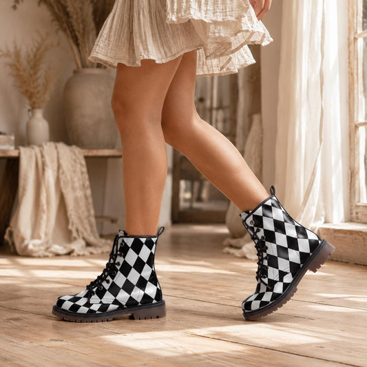 Checkered Vegan Leather Combat Boots, Alice Style