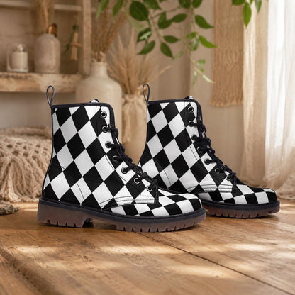 Checkered Vegan Leather Combat Boots, Alice Style
