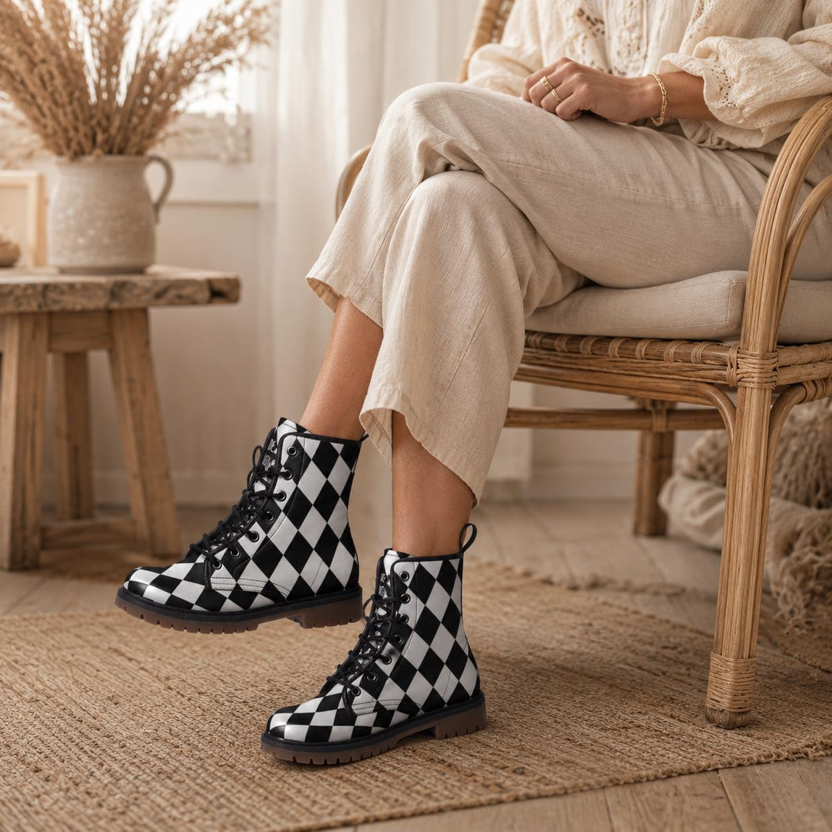 Checkered Vegan Leather Combat Boots, Alice Style