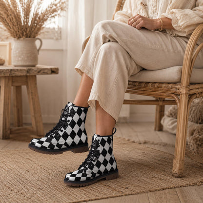 Checkered Vegan Leather Combat Boots, Alice Style