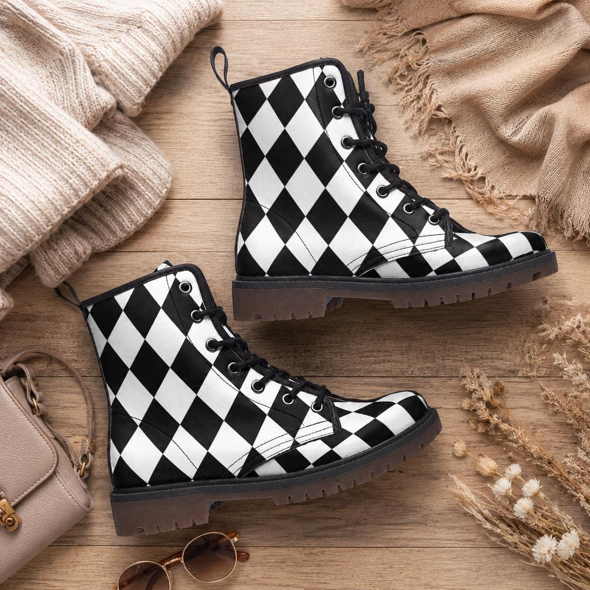 Checkered Vegan Leather Combat Boots, Alice Style