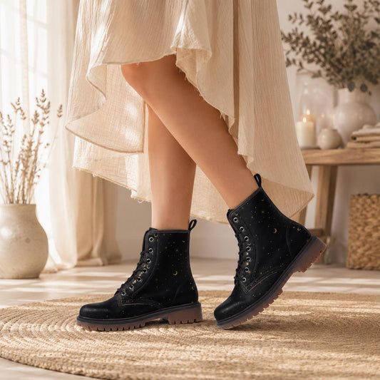 Gold Stars Moon Vegan Leather Combat Boots Witchcore Clubwear Gothic Punk Footwear