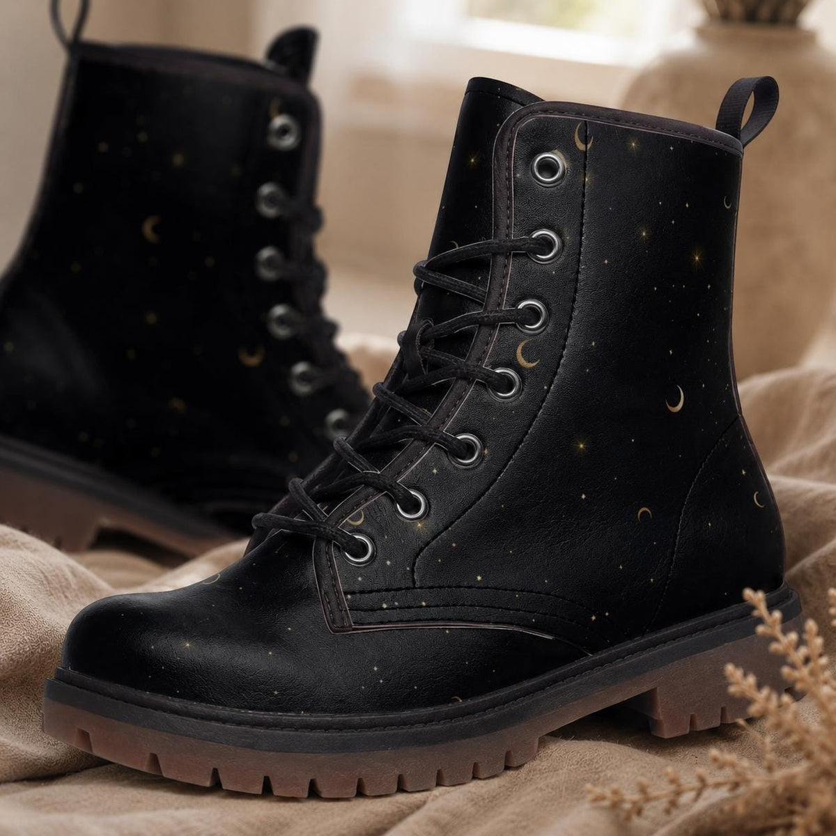 Gold Stars Moon Vegan Leather Combat Boots Witchcore Clubwear Gothic Punk Footwear
