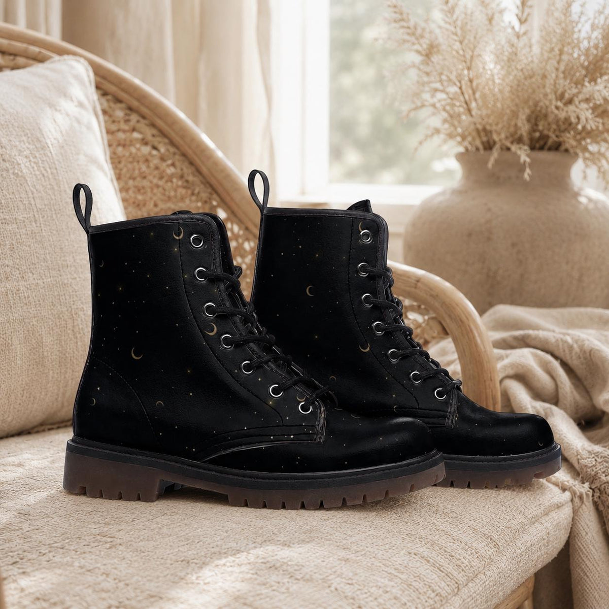 Gold Stars Moon Vegan Leather Combat Boots Witchcore Clubwear Gothic Punk Footwear