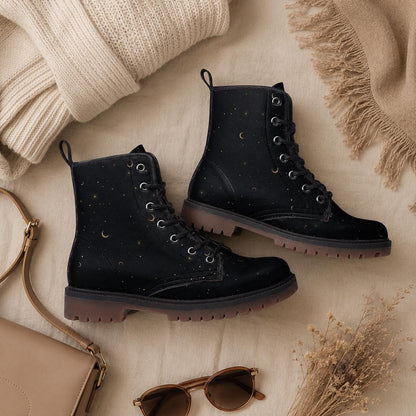 Gold Stars Moon Vegan Leather Combat Boots Witchcore Clubwear Gothic Punk Footwear