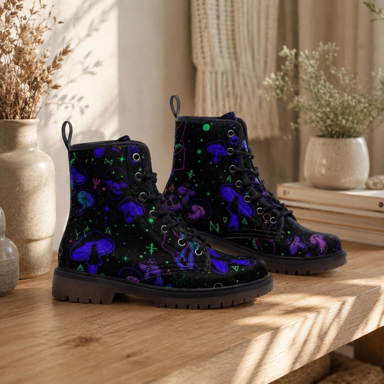 Cosmic Mushroom Combat Boots, Celestial Platform Shoes, Festival Footwear